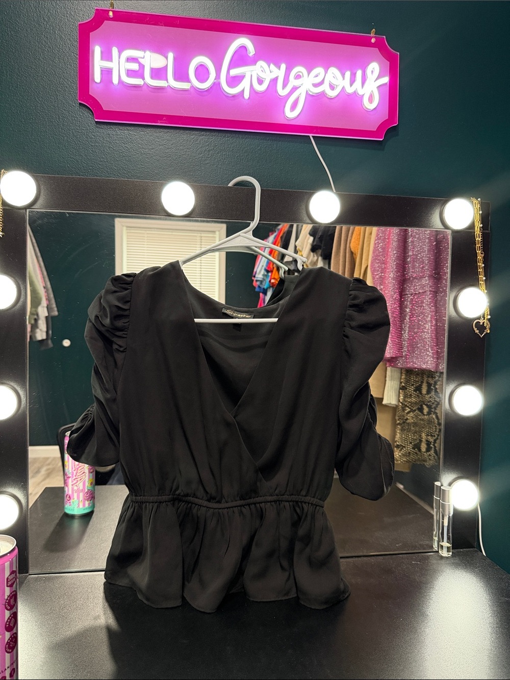 Shinestar Black Puff-Sleeve Peplum Blouse